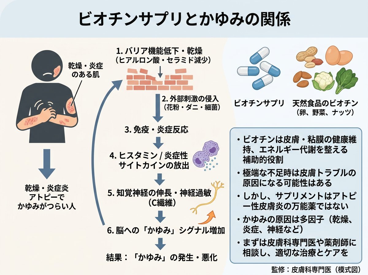 ビオチンサプリ効果とアトピー肌のかゆみへのメカニズム