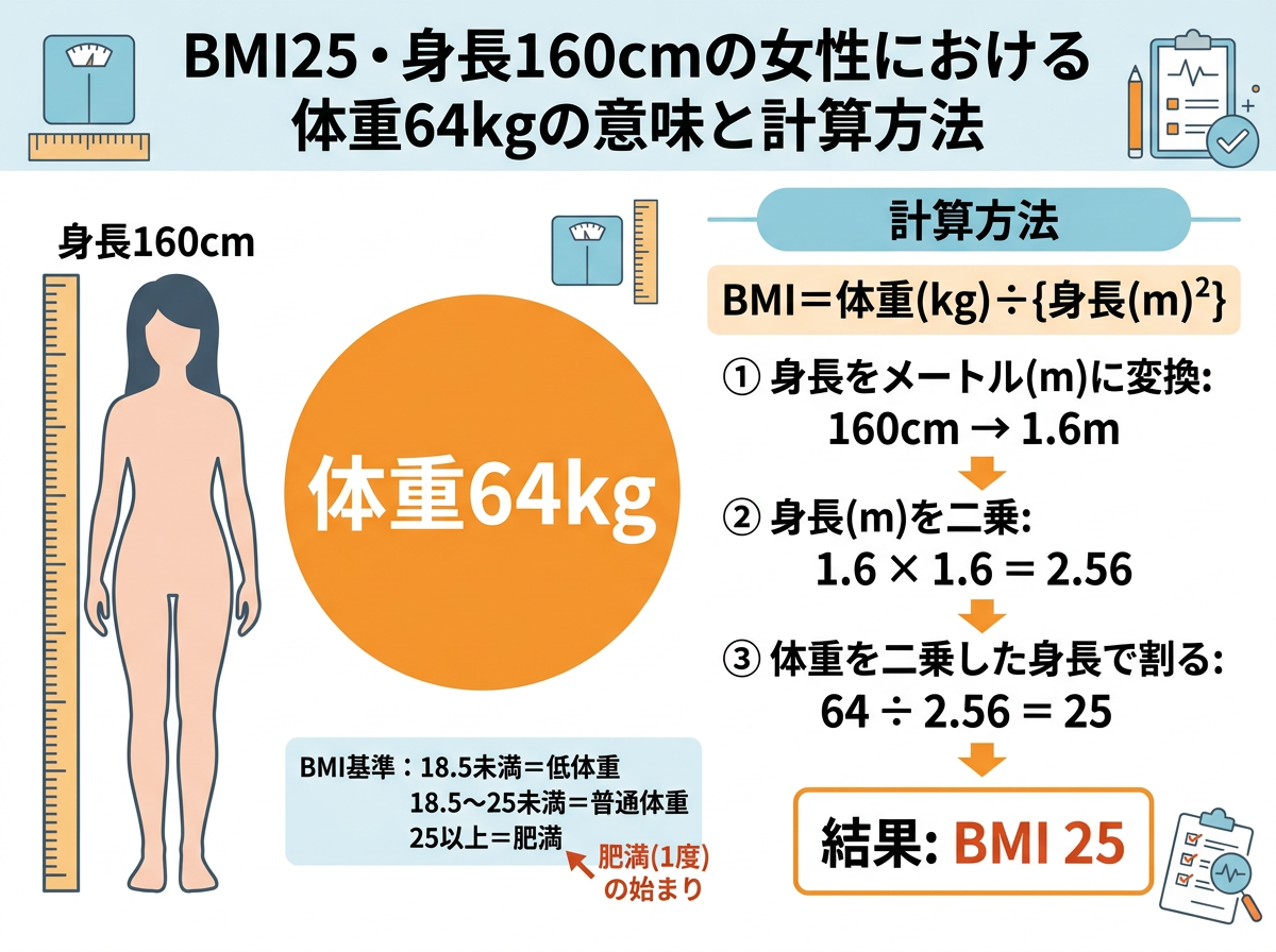 bmi25・身長160cmの女性における体重64kgの意味と計算方法