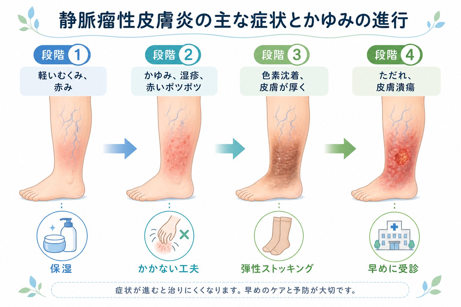 静脈瘤性皮膚炎の主な症状と進行段階