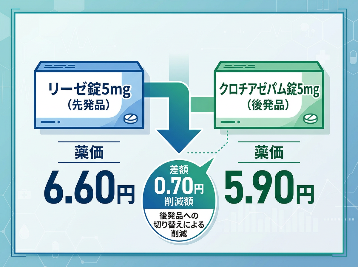 クロチアゼパム錠5mg先発品リーゼの薬価と後発品との差額