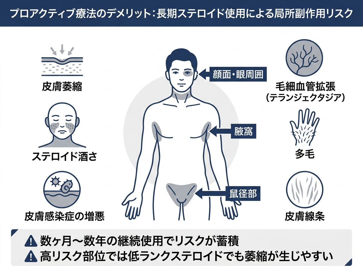 プロアクティブ療法のデメリット：長期ステロイド使用による局所副作用リスク