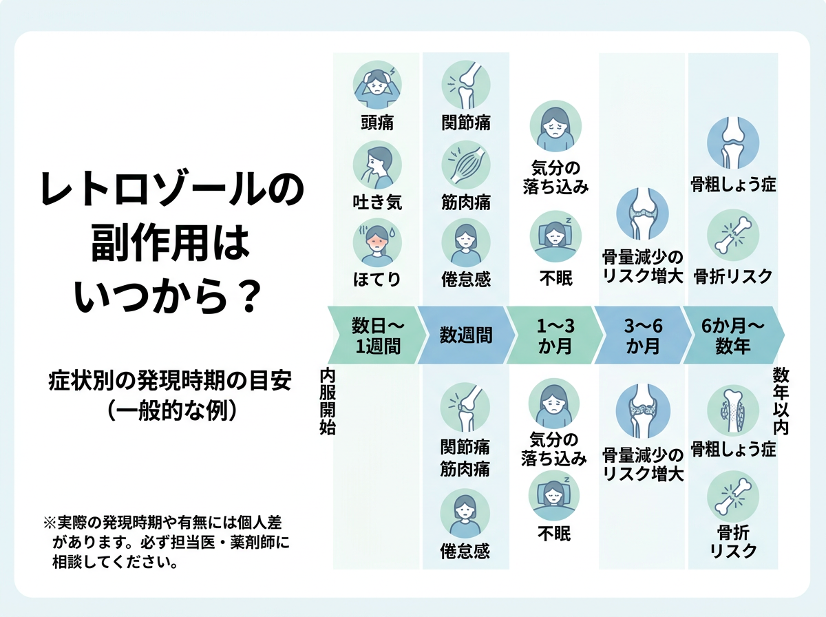 レトロゾールの副作用が「いつから」始まるか:症状別の発現時期一覧